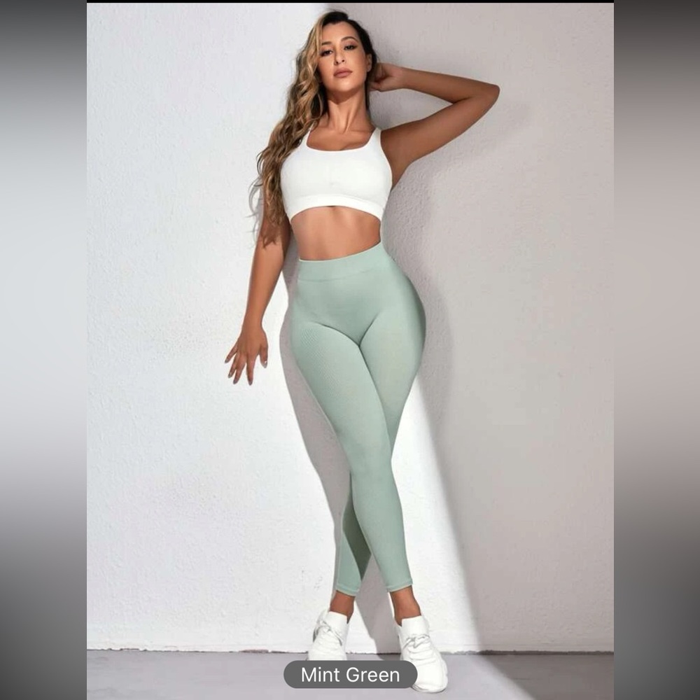 NEW Seamless Softness Ribbed Sports Leggings Mint Green Size Large